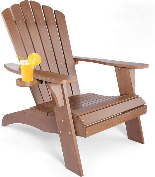 Qomotop Ploy Lumber Adirondack Chair with Cup Holder, Fade-Resistant Outdoor Seating with 350Lbs Duty Rating, All-Weather Patio Chair for Garden,Brown