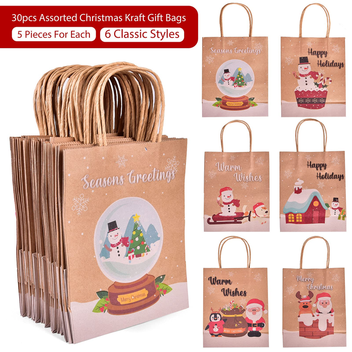 Fun Little Toys Christmas Gift Bags 30 Count, 7.5”X9”X4.3” Medium Gift Bags with Prints on Both Sides, Multi-Color Gift Bags Bulk, for Holiday Gifts, Kraft Paper Bags, Chrsitmas Party Favors