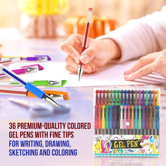 Nylea 36 Pack Glitter Gel Pens for Adult Coloring, Fine Tipped and Comfortable Grip Gel Markers Set for Writing, Drawing, Sketching, Highlighting, Kid- Doodling and Bullet Journaling