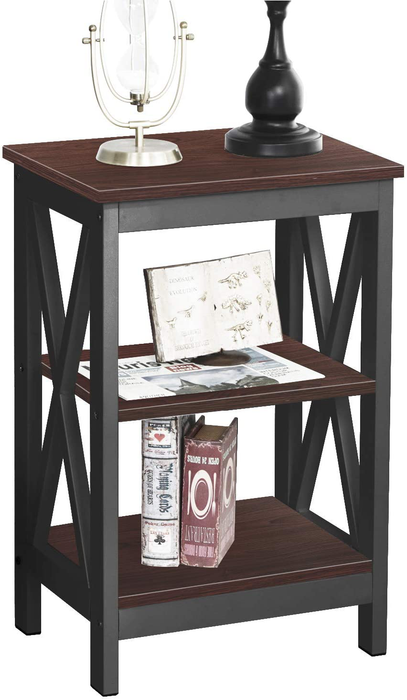 SOGES 3-Tier Shelf End Table Bed Table Coffee Table Nightstand X-Design Side Table Brown