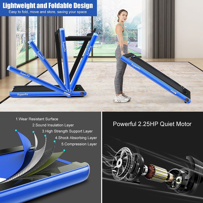 Superfit 2.25HP 2 in 1 Folding Treadmill W/Bluetooth Speaker Remote Control Home Gym Silverblueredblack