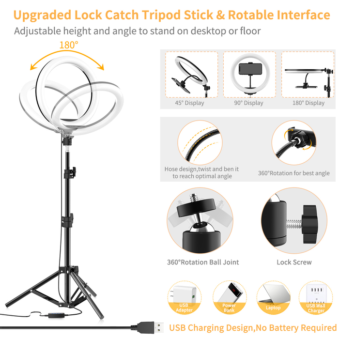10.2" LED Selfie Ring Light W/ Extendable Tripod Stand & Cell Phone Holder, 10 Brightness Level, 3 Light Modes for Live Streaming & YouTube Video, Photography, Shooting, Dimmable Makeup Ringlight