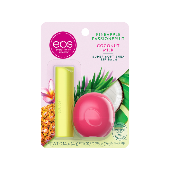 Eos Super Soft Shea Lip Balm Stick & Sphere - Pineapple Passionfruit and Coconut Milk , Moisuturzing Shea Butter for Chapped Lips , 0.39 Oz, 2 Count