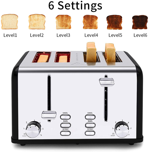 4 Slice Toaster Cheflaud Stainless Steel Retro Toasters, Bagel, Defrost, Reheat, Cancel Function 6 Shade Settings Removable Crumb Tray Auto Pop-Up
