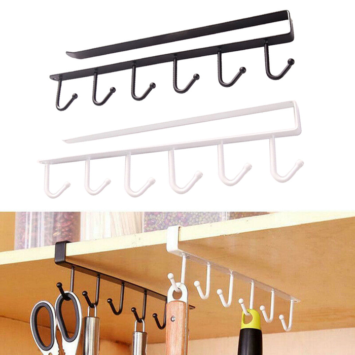 Storage Rack Organiser Rack Kitchen Hook Tools Black and Whi 6 Hooks Cup Holder Hang Multifunctional Kitchen Cabinet Shelf Metal