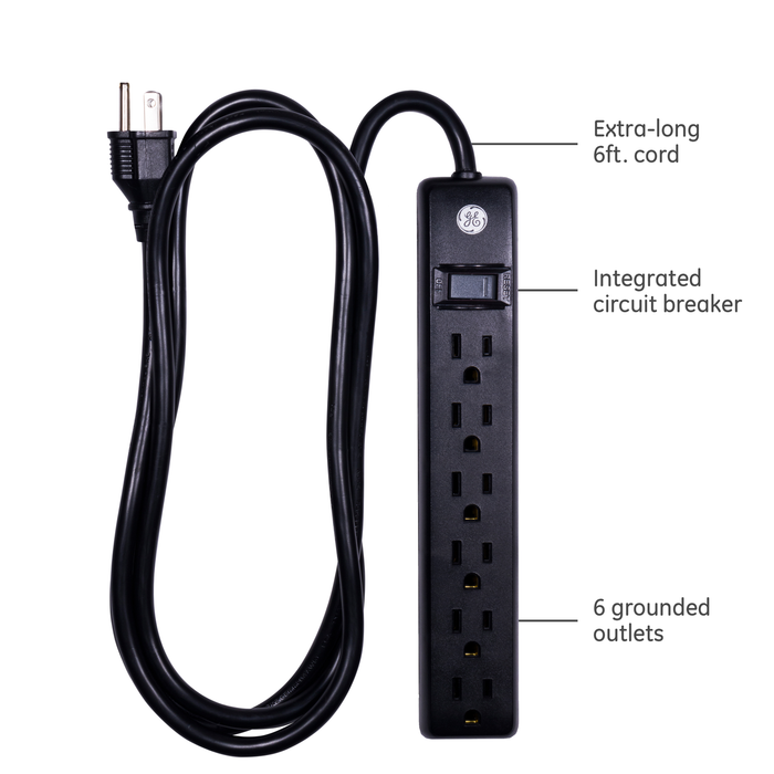 GENERAL ELECTRIC GE 6-Outlet General Purpose Power Strip, 6ft. Cord, Black - 14088