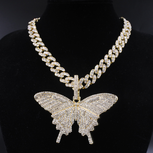 Big Size Butterfly Pendant Charm 12Mm Bubble Miami Curb Cuban Chain Hip Hop Necklace Rapper Gift Rock Men Women Jewelry Golden