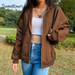 Sweetown Brown New Aesthetic Hoodies Women Vintage Zip up Sweatshirt Winter Jacket Clothes Pockets Long Sleeve Hooded Pullovers