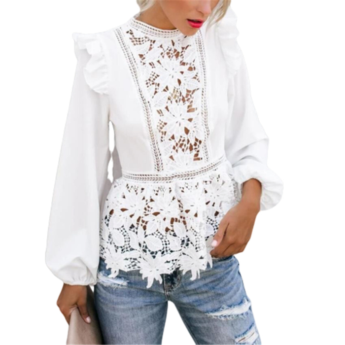 New Women Floral Lace Blouses Boho Long Sleeve White Top Ladies Ruffle Hollow Out Shirt Elegant Blouse Summer Streetwear S-XL