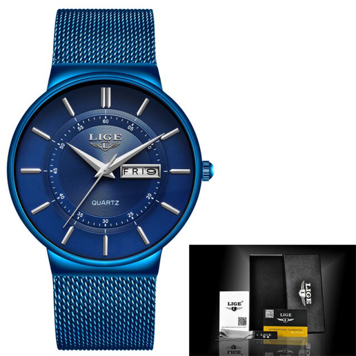 LIGE Women Watches Luxury Brand Ultra-Thin Calendar Week Quartz Watch Ladies Mesh Stainless Steel Waterproof Gift Reloj Muje+Box
