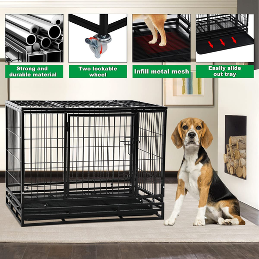 Heavy Duty Large Dog Kennel with Plastic Tray & Wheels, 48’’ XXL Dog Cage Outdoor Dog Crate with Double Doors,Easy to Clean Metal Wire Crates Pet Animal Segregation Cage Crate for Dog Training Indoor