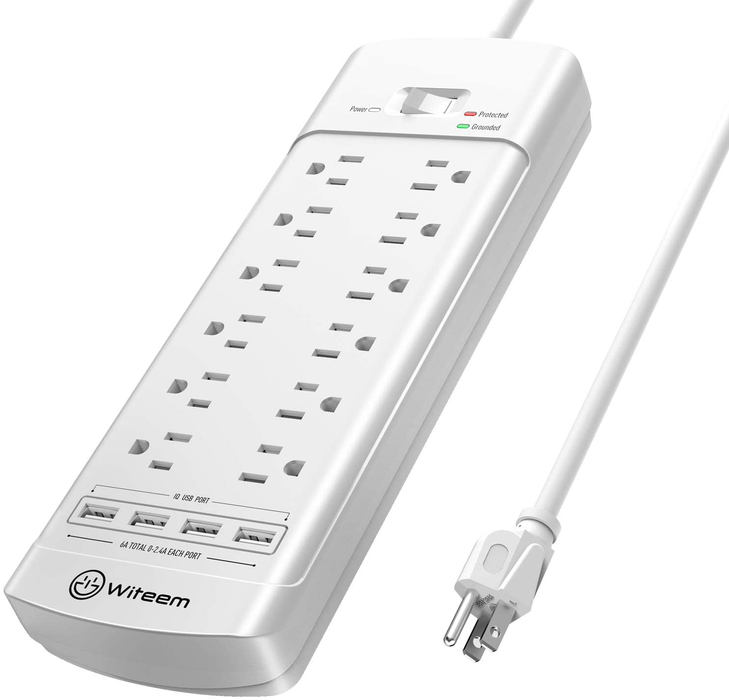Surge Protector with USB (4360 Joules), Witeem 12 Outlets Power Strip and 4 Smart USB Charging Ports (5V/3.4A), Flat Plug,1875W/15A,6 Feet Heavy Duty Extension Cord, ETL Listed