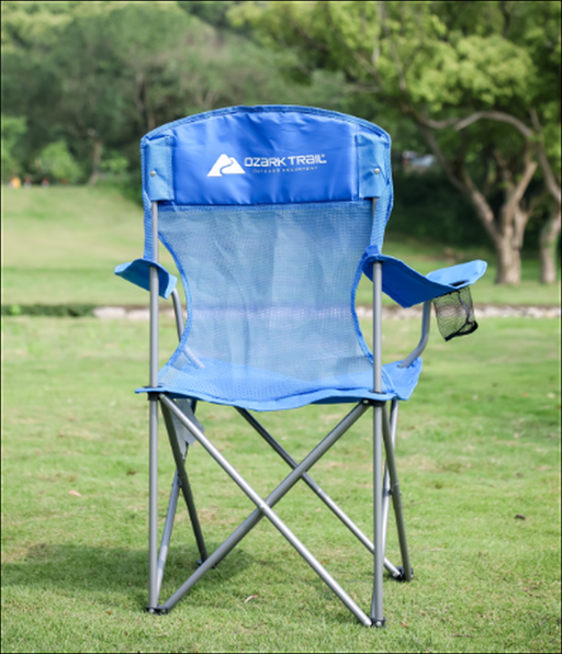 Ozark Trail Basic Mesh Folding Camp Chair with Cup Holder for Outdoor, Blue, Adult