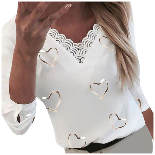40# Lace Elegant Blouses Office Women Hearts Print Blouses V-Neck Lace Patchwork Long Sleeve Shirts Top Blouses Женские Вещи
