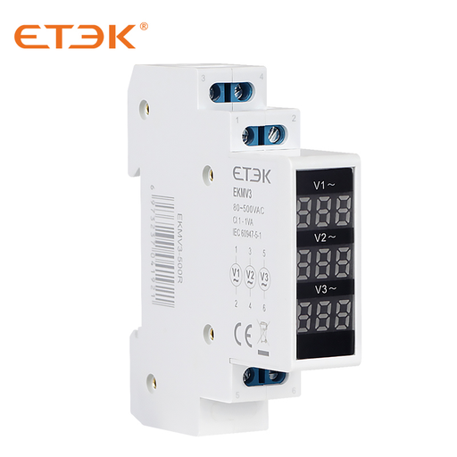 ETEK EKMV3-500R Modular Voltage Meter 3PH 80-500VAC Red W=18Mm
