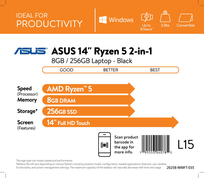 ASUS 14" Ryzen 5 2-in-1 8GB/256GB Laptop; 14” FHD Touch, AMD Ryzen 5 5500U, AMD Radeon Graphics, 8GB RAM, 256GB SSD, Windows 10 Home, Bespoke Black, TM420UA-WS51T