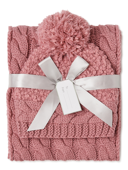 Time and Tru Women'S Popcorn Knit and Braided Beanie Hat and Scarf Set, 2-Piece
