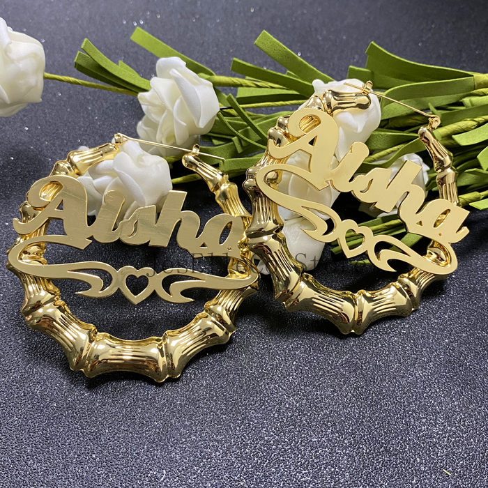 Custom Bamboo Earrings Hoop Personalize Name Earrings Personalize Jewelry Fashion Show Charming Earrings Gold Gift