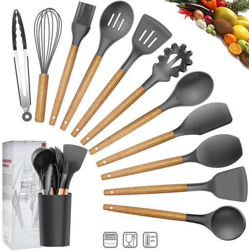 13 Piece Silicone Kitchen Utensil Set Heat Resistant Kitchen Gadgets with Anti Spill Tool (Black)