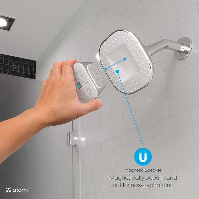 Atomi 4.9” White Showerhead with Removable, Magnetic Bluetooth Speaker