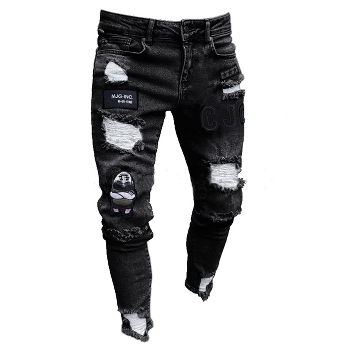 3 Styles Men Stretchy Ripped Skinny Biker Embroidery Print Jeans Destroyed Hole Taped Slim Fit Denim Scratched High Quality Jean