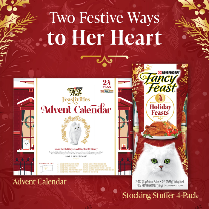 (24 Pack) Fancy Feast Limited Edition Wet Cat Food Variety Pack, Feastivities Advent Calendar 2021, 3 Oz. Cans, Red