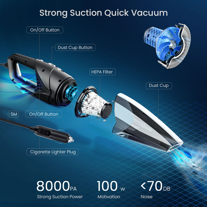 Audew Car Vacuum Cleaner, Handheld Auto Vacuum Cleaner 8000Pa High Power Portable Vacuum Cleaner Wet & Dry DC 12V with 16.4 Ft Power Cord Length