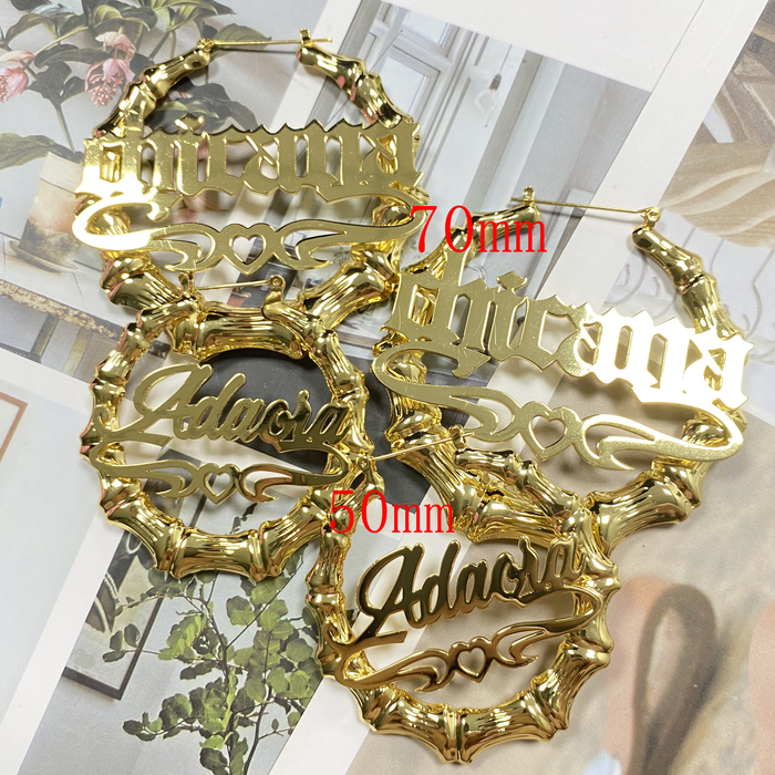 Custom Bamboo Earrings Hoop Personalize Name Earrings Personalize Jewelry Fashion Show Charming Earrings Gold Gift