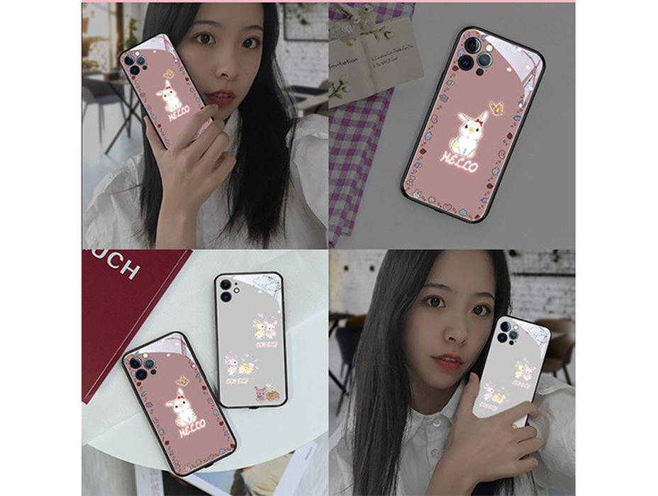 LED Call Light Luminous Sound Music Control Phone Case for Iphone 13 11 12 Pro Max 7 8Plus X XS Tempered Glass Cute Rabbit Cover