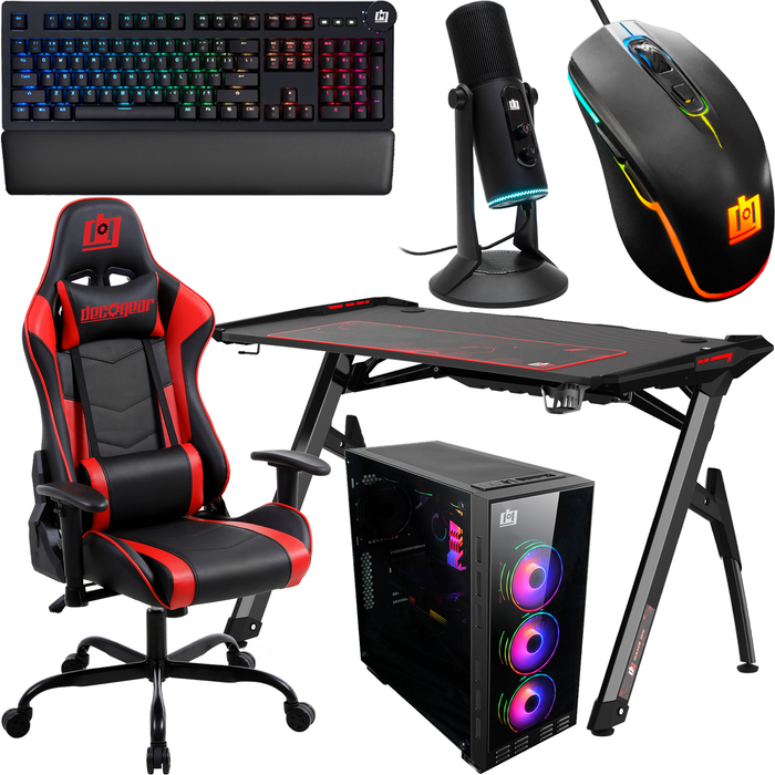 Deco Gear PC Gaming Starter Pack, Includes LED Gaming Desk, Gaming Chair, Mid-Tower Tempered Glass PC Case, Cherry Red Mechanical Keyboard, Streaming and Multiplayer Microphone, Wired LED Mouse