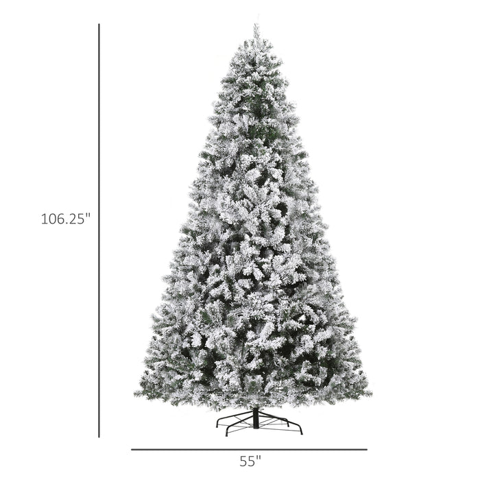 HOMCOM 4.5/6/7.5/9ft Snow Flocked Fake Christmas Tree with Branches LED Warm White Light for Holiday Decoration, Green