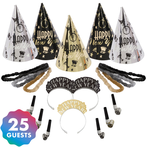 Amscan Elegant Eve New Year's Party Kit for 25, Includes Cone Hats and Tiaras
