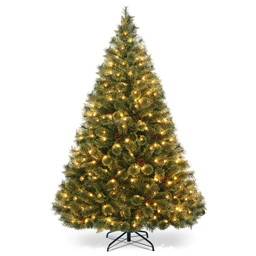 Gymax 6FT Pre-lit Flowering Artificial Green Hinged Christmas Tree PVC Pine Tree