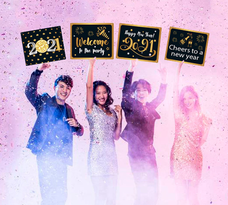 2021 Happy New Year Banner Signs Party Decoration Black Gold Photo Booth Props New Year's Eve Party Supplies Porch Signs for Front Door Yard Indoor Outdoor