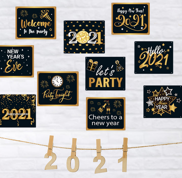2021 Happy New Year Banner Signs Party Decoration Black Gold Photo Booth Props New Year's Eve Party Supplies Porch Signs for Front Door Yard Indoor Outdoor