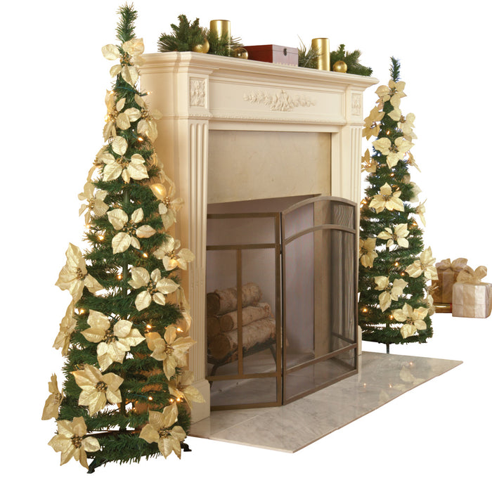 Collections Etc. Lighted Holiday Poinsettia Pull-Up Christmas Tree with White Poinsettias, White Lights and Greenery