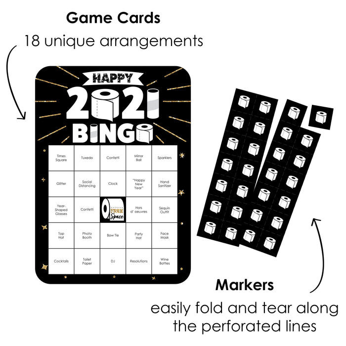 Big Dot of Happiness Rollin' in the New Year - Bar Bingo Cards and Markers - 2021 New Year’s Eve Party Bingo Game - Set of 18